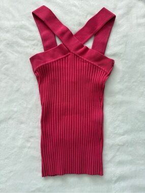 Cache Silk Blend Ribbed Cross Front Tank Top Pink Medium